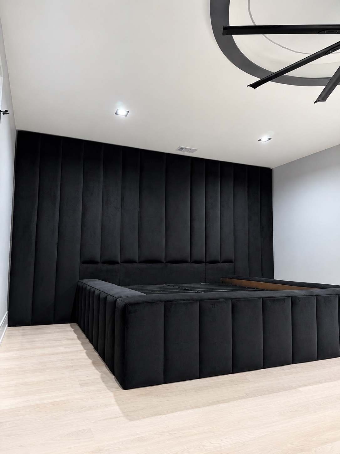 Luxury black velvet full-wall custom bed